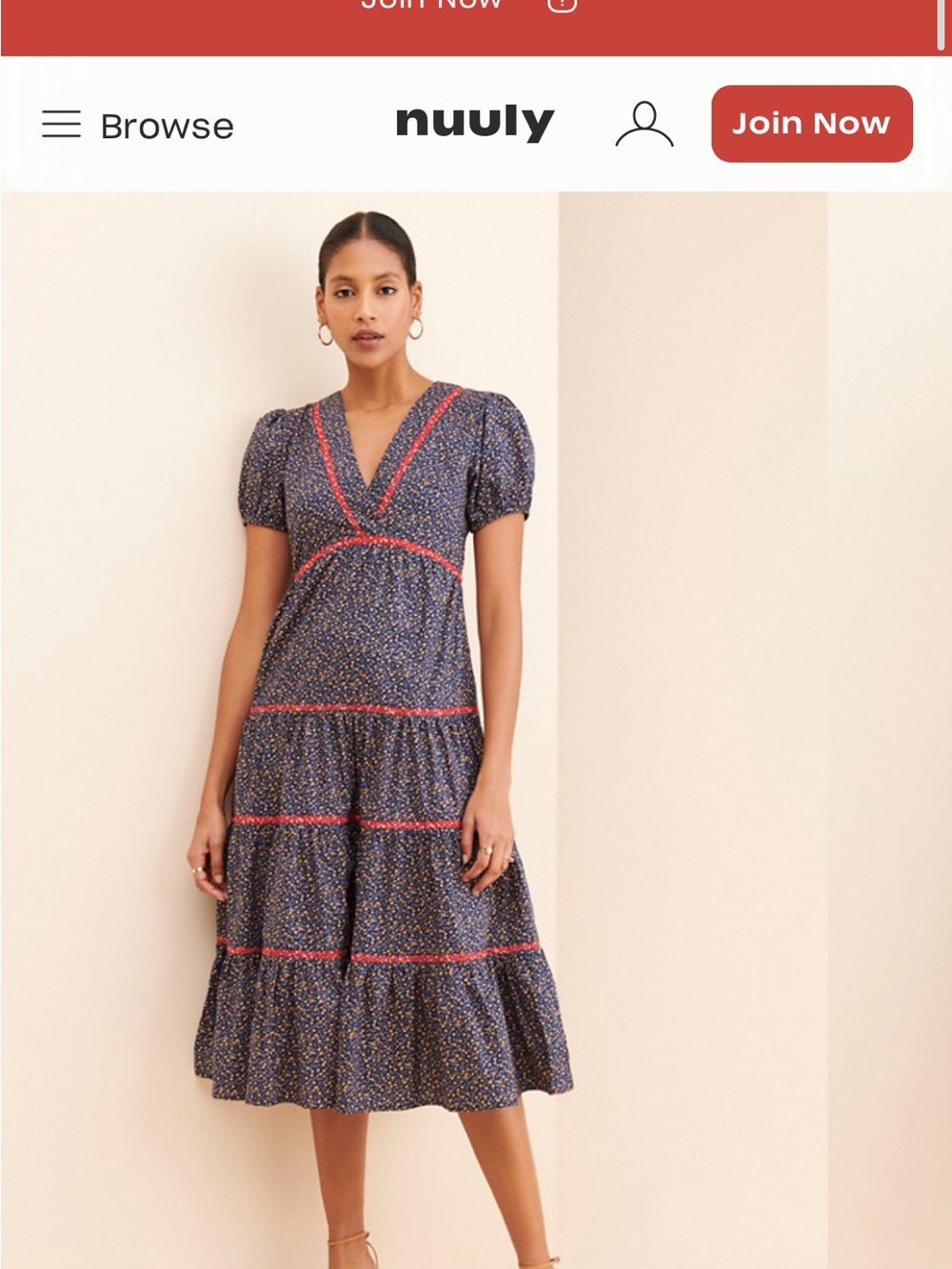 Floral Tiered Midi Dress in Navy with Pink Trim